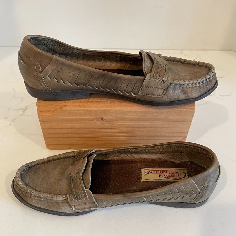 Vintage Candie’s Fastrack Pewter Olive Green Leather Chunky Loafers – Size 7M